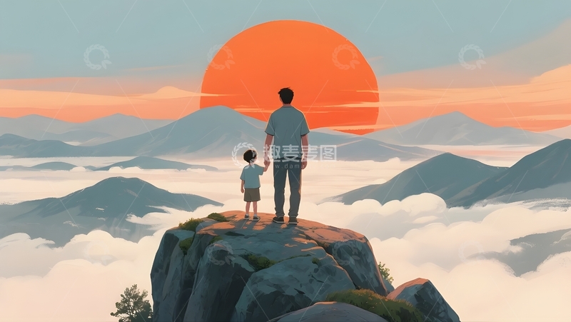 高清大图下载【趣麦麦图】父子登山共赏落日2