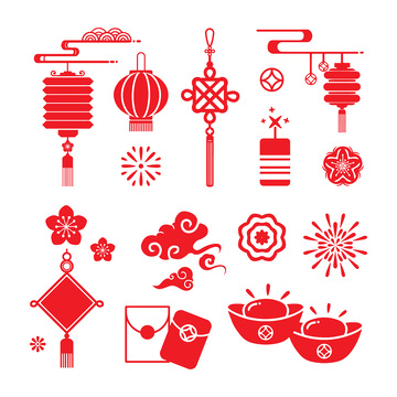 元旦春节新年灯笼中国结元宝对联花朵红包