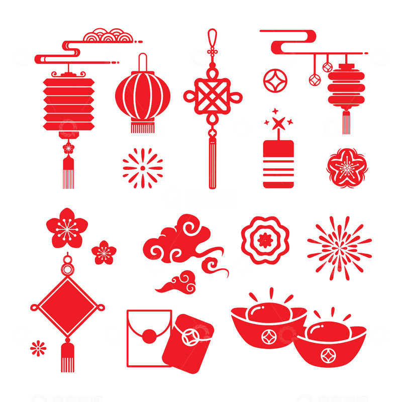 源文件下载【趣麦麦图】-元旦春节新年灯笼中国结元宝对联花朵红包