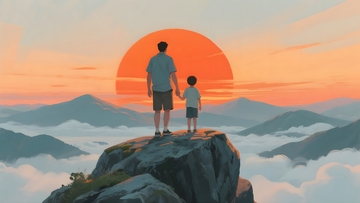 父子登山共赏落日