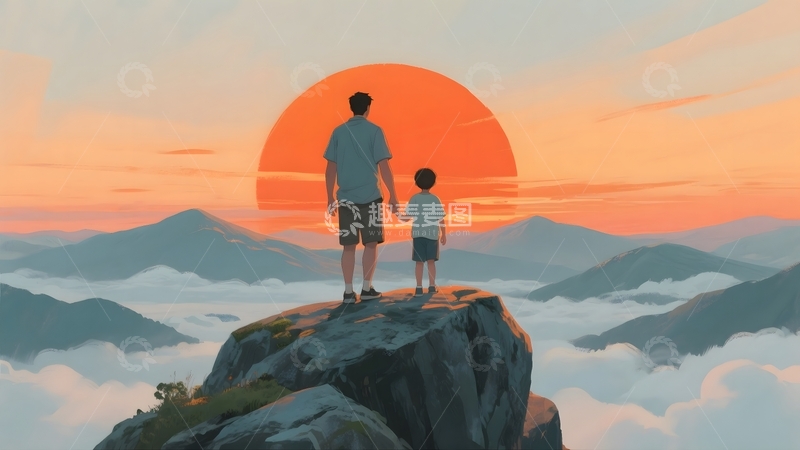 高清大图下载【趣麦麦图】父子登山共赏落日