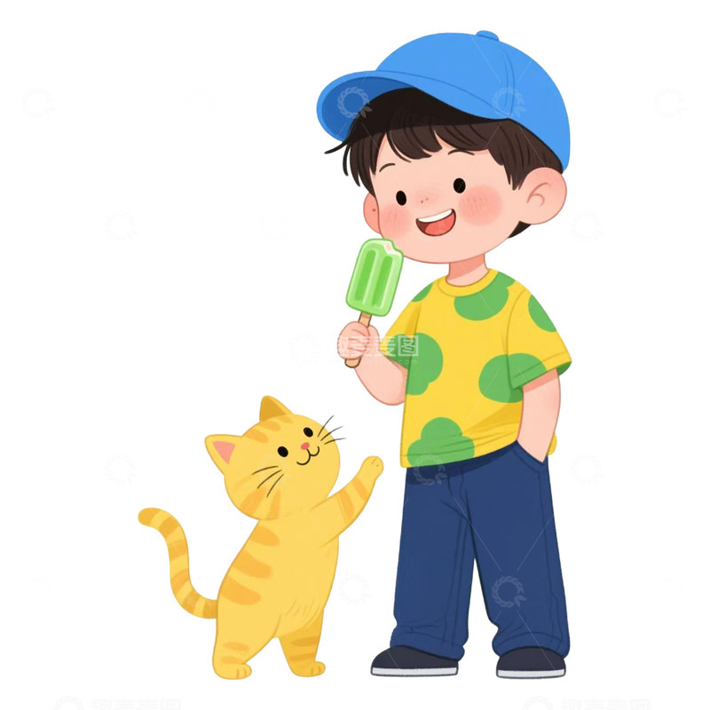 高清大图下载【趣麦麦图】夏天可爱男孩和可爱小猫