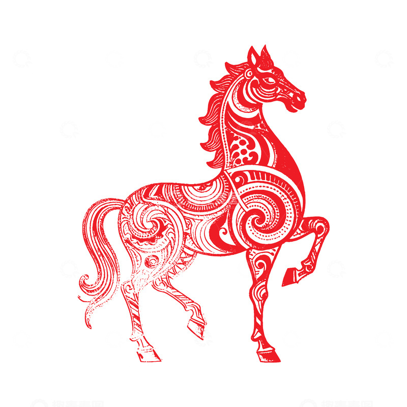 元旦春节新年动物马剪纸窗花线稿插画