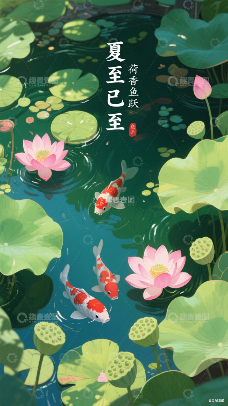 高清大图下载【趣麦麦图】夏至荷塘锦鲤海报12