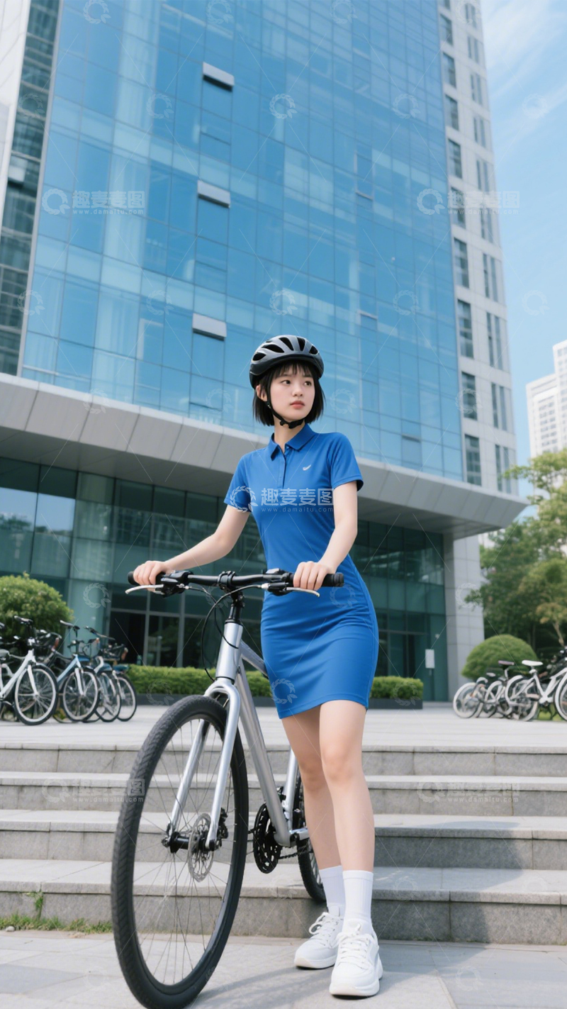 高清大图下载【趣麦麦图】蓝裙骑行通勤风1