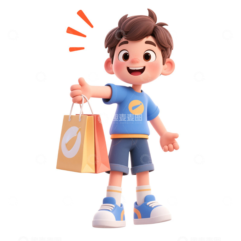 高清大图下载【趣麦麦图】3D建模风格男孩买商品免抠元素