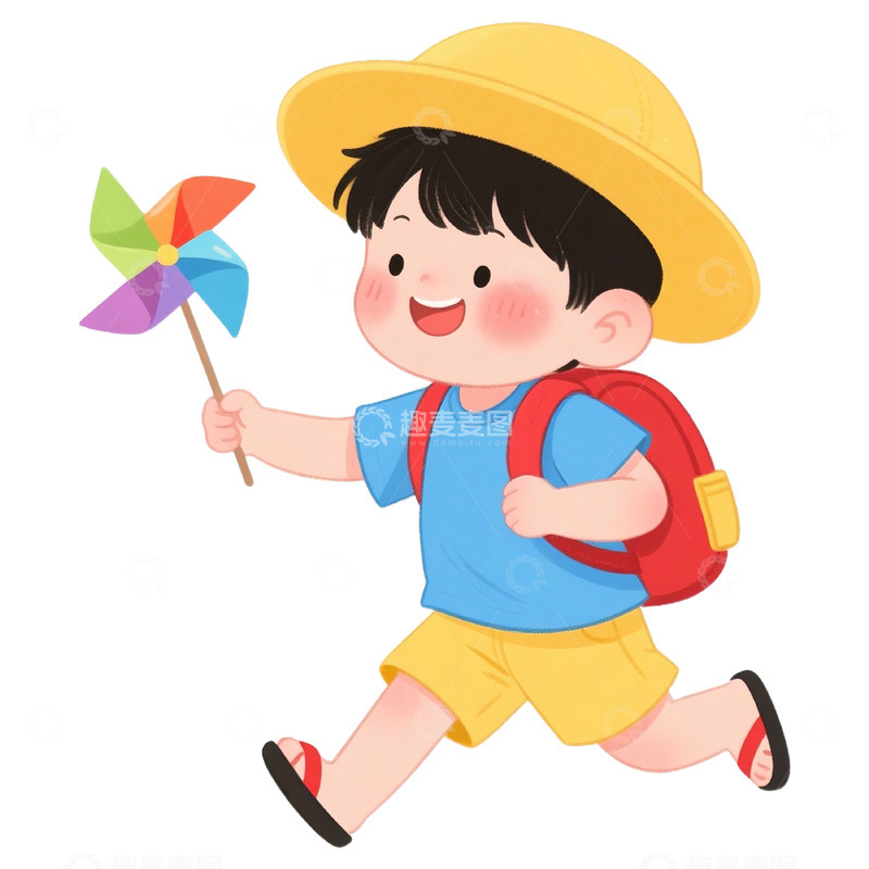 高清大图下载【趣麦麦图】卡通手绘可爱小男孩拿着风车1