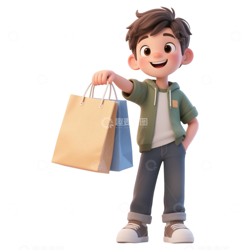高清大图下载【趣麦麦图】3D建模风格男孩买商品免抠元素1