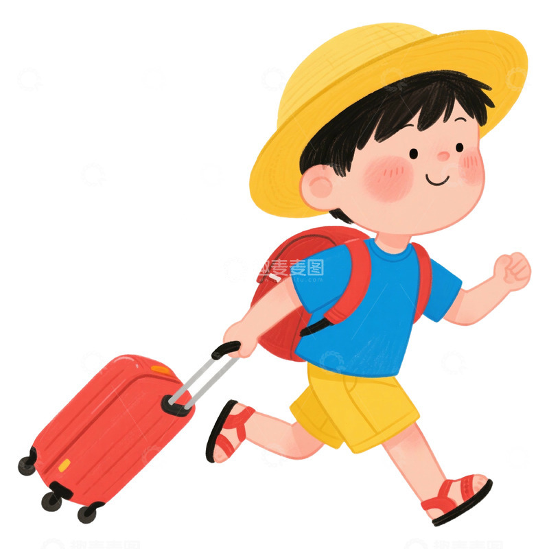 高清大图下载【趣麦麦图】卡通手绘可爱小男孩拉行李箱