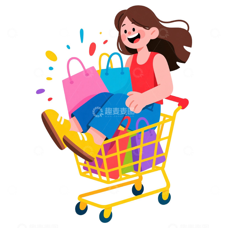 高清大图下载【趣麦麦图】女孩坐在购物车里免抠元素