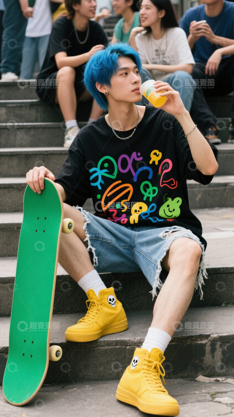 高清大图下载【趣麦麦图】街头潮流滑板装