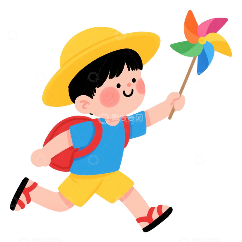 高清大图下载【趣麦麦图】卡通手绘可爱小男孩拿着风车