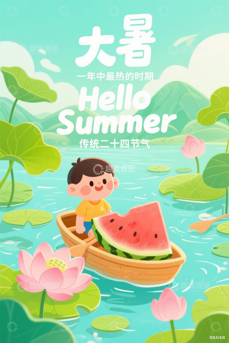 高清大图下载【趣麦麦图】可爱卡通风格大暑节气海报