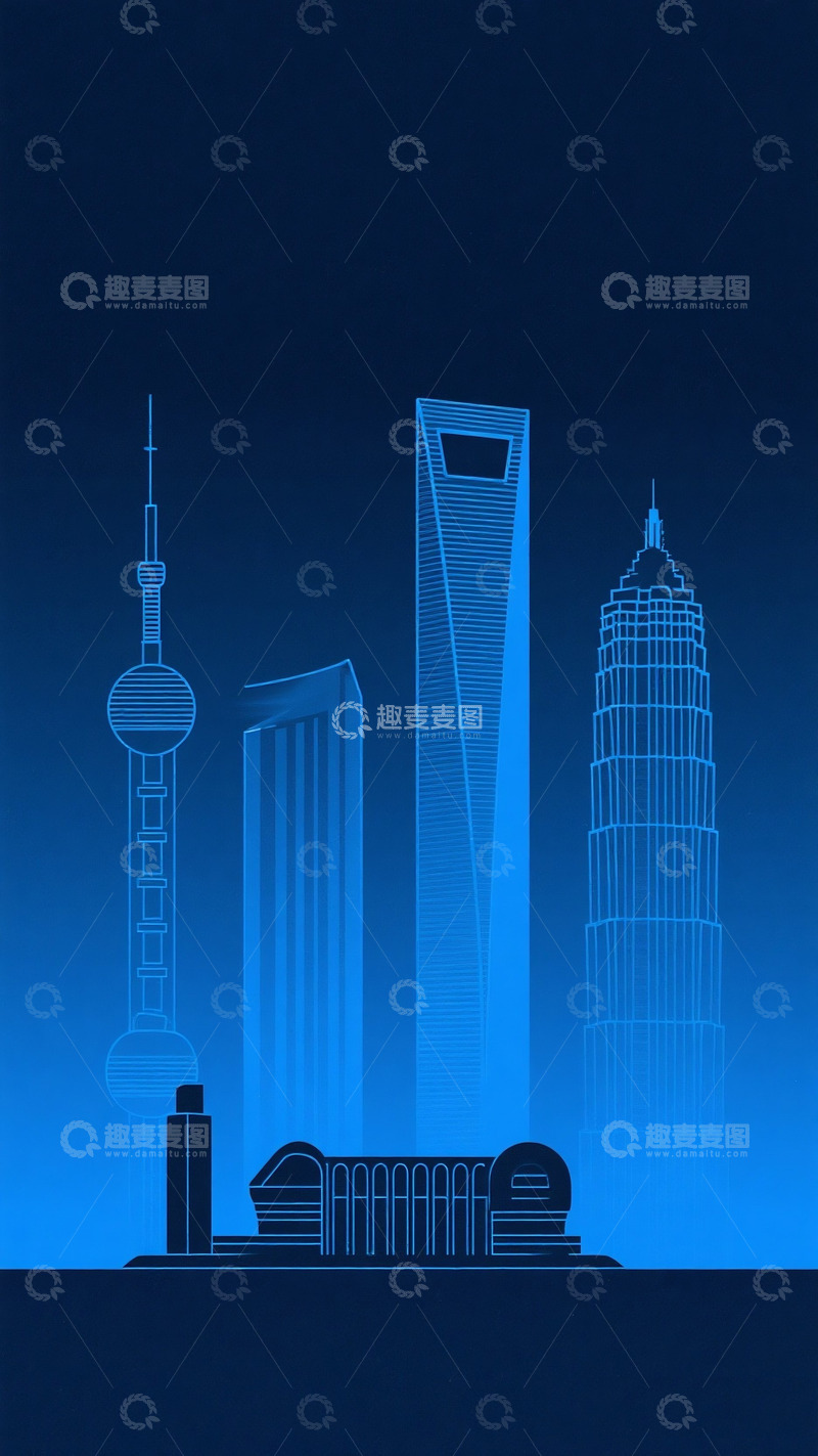 高清大图下载【趣麦麦图】蓝色极简线条建筑背景