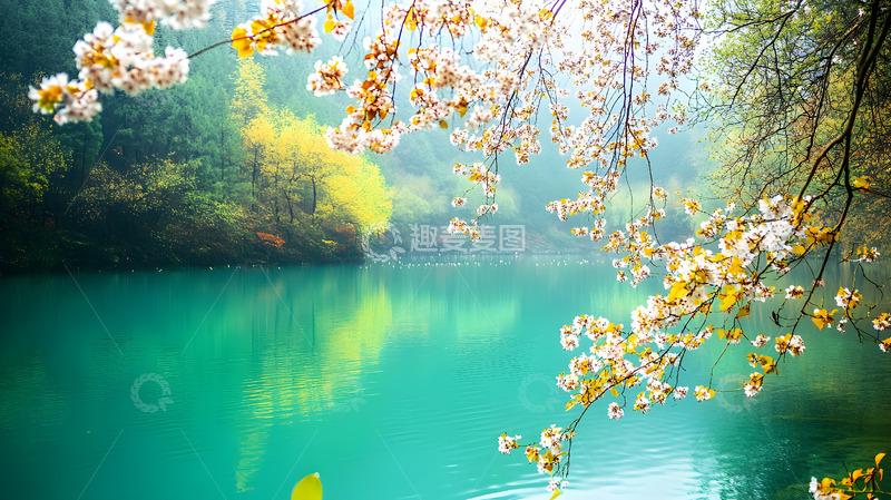 高清大图下载【趣麦麦图】秋日黄叶碧湖美景