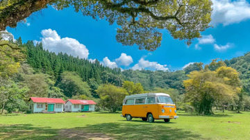 夏日晴空草地上的黄色巴士