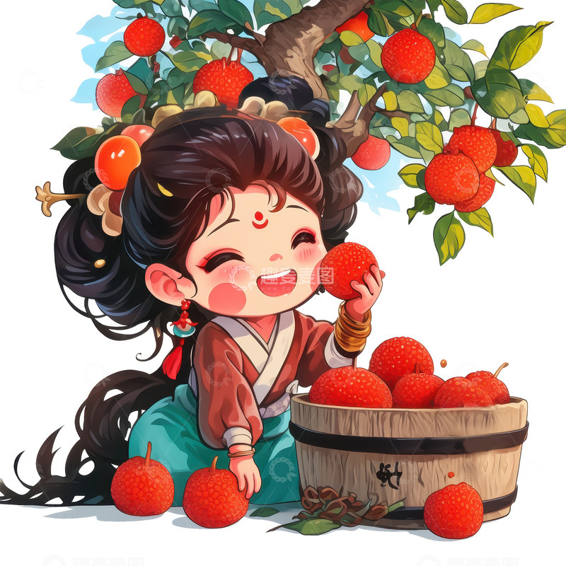 高清大图下载【趣麦麦图】卡通简约采摘荔枝的古代女孩