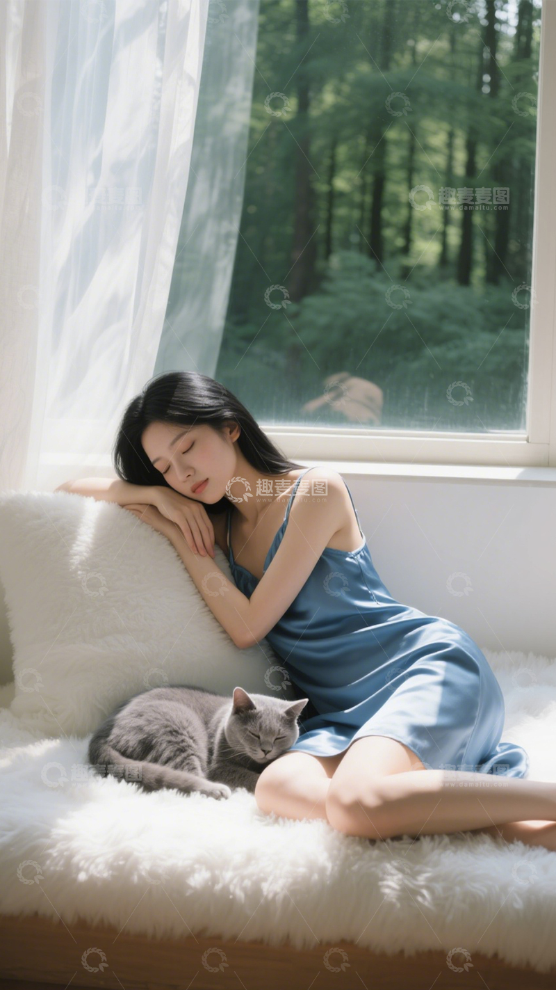 高清大图下载【趣麦麦图】慵懒居家缎面睡裙3