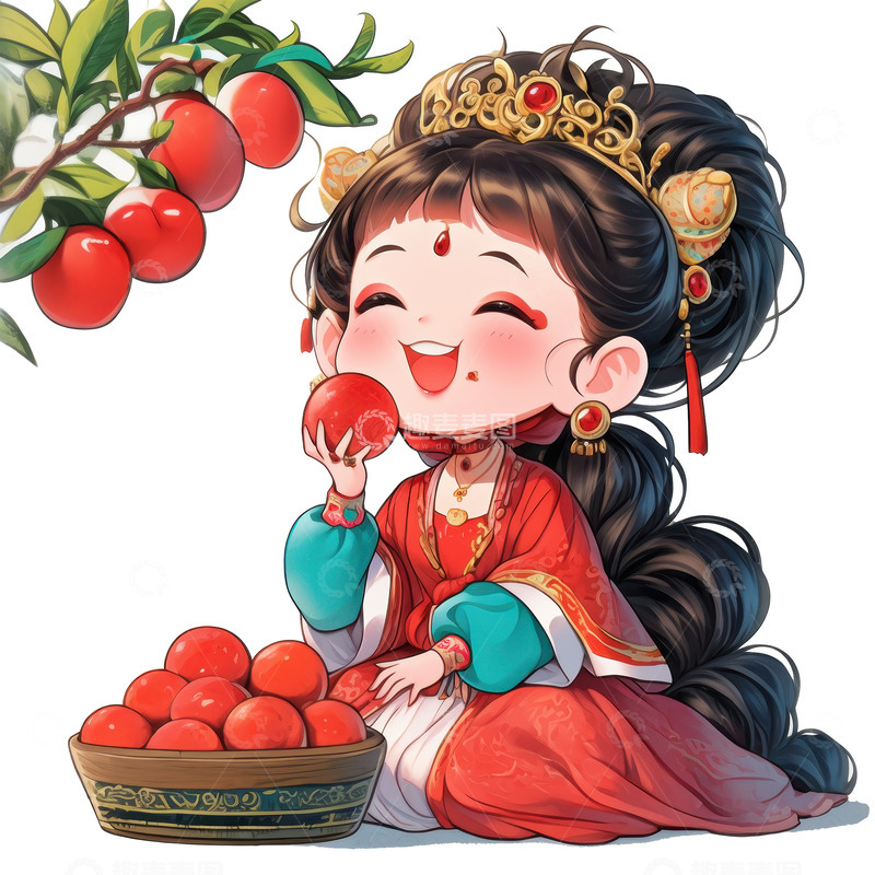 高清大图下载【趣麦麦图】卡通简约吃李子的古代宫女