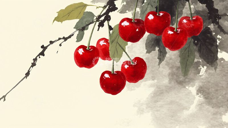 高清大图下载【趣麦麦图】樱桃 水果 手绘 水彩风 插画 高清