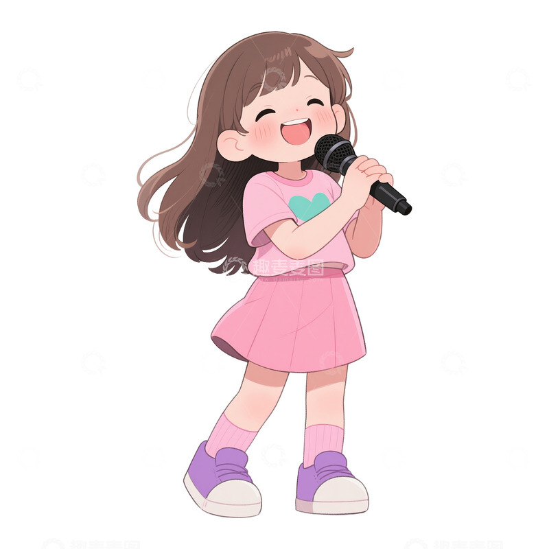 高清大图下载【趣麦麦图】卡通手绘女孩拿着话筒唱歌免抠元素1