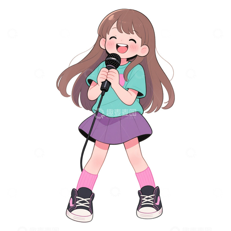 高清大图下载【趣麦麦图】卡通手绘女孩拿着话筒唱歌免抠元素123
