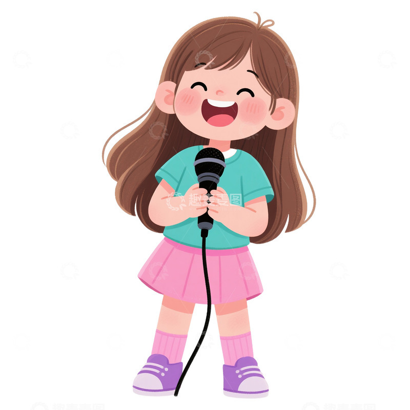 高清大图下载【趣麦麦图】卡通手绘女孩拿着话筒唱歌免抠元素