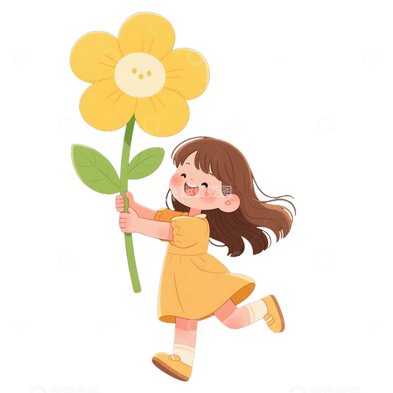 高清大图下载【趣麦麦图】可爱小女孩拿着黄色花朵免抠元素12