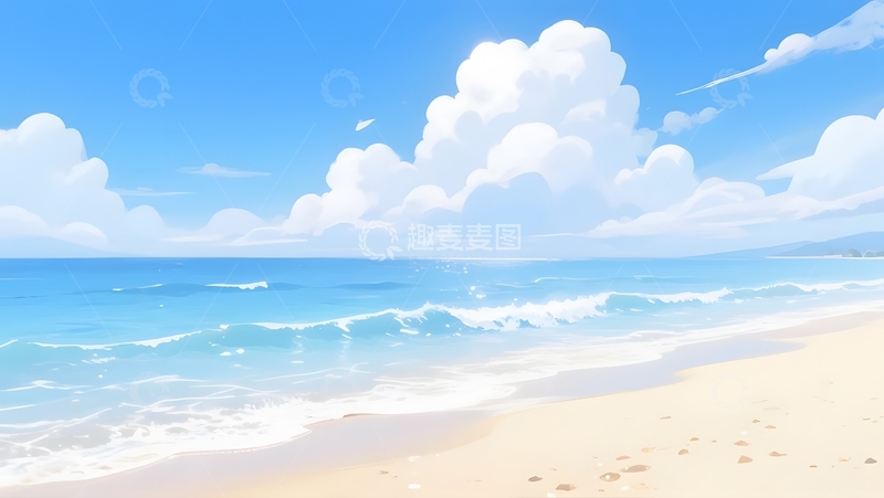 高清大图下载【趣麦麦图】卡通蓝天白云下的海滩