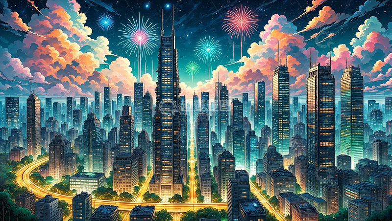 高清大图下载【趣麦麦图】晚霞中的城市商务区天际线