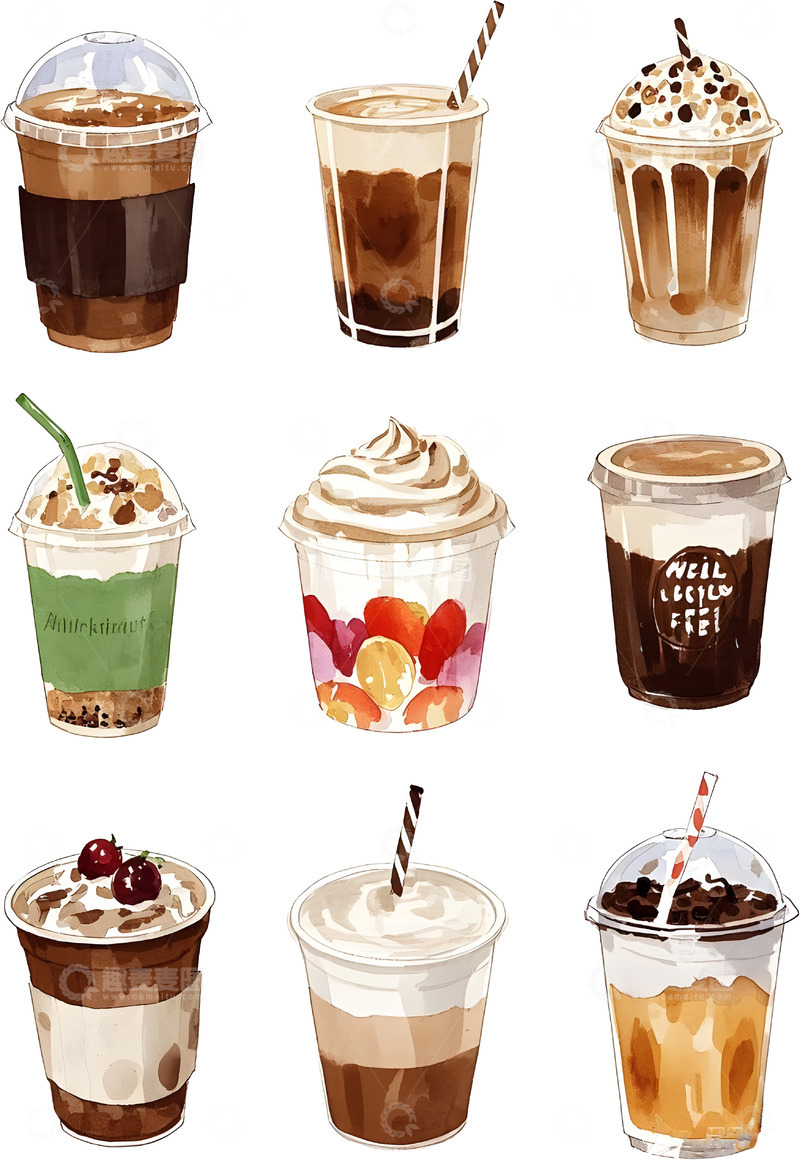 高清大图下载【趣麦麦图】咖啡特调水彩插画素材