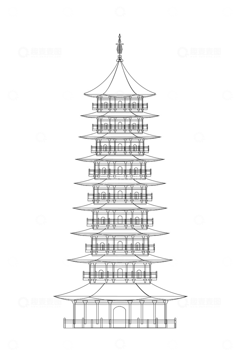 源文件下载【趣麦麦图】文昌塔高楼阁楼建筑线稿地标线描景点建筑物