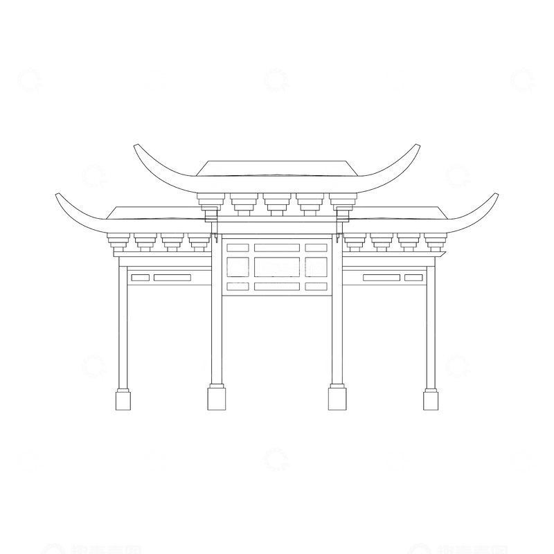 牌楼牌坊门楼建筑线稿地标景点建筑物