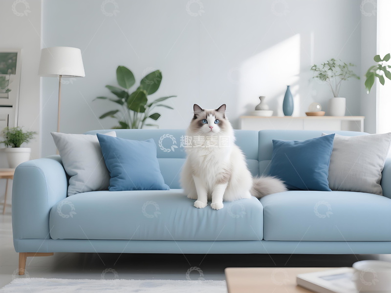 高清大图下载【趣麦麦图】清新氛围蓝沙发上优雅喵布偶猫坐浅蓝色沙发