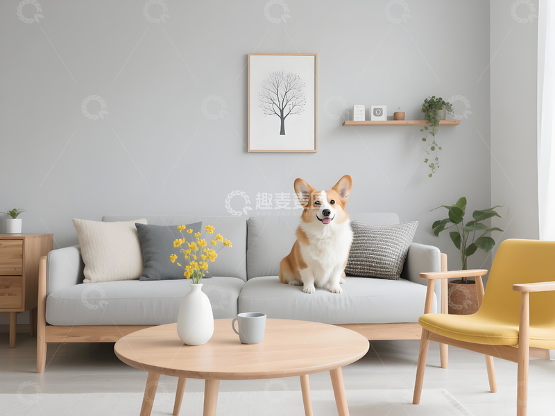 高清大图下载【趣麦麦图】简约客厅萌宠柯基坐浅灰沙发