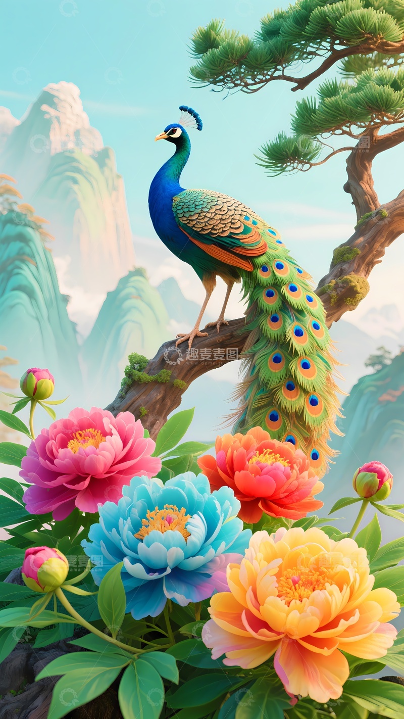 高清大图下载【趣麦麦图】凤凰牡丹走廊玄关挂画2