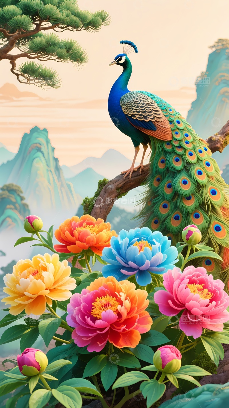 高清大图下载【趣麦麦图】凤凰牡丹走廊玄关挂画3