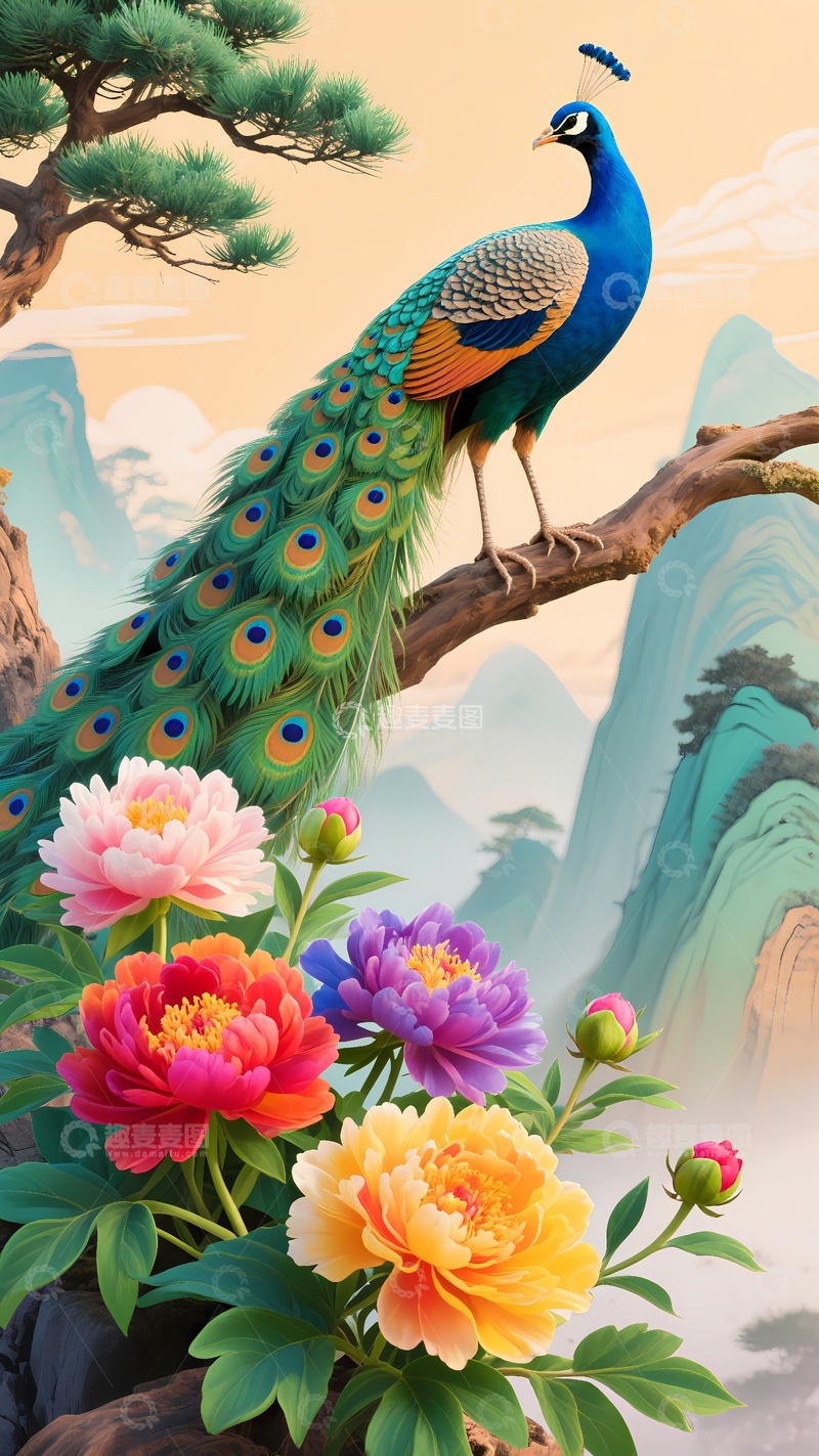 高清大图下载【趣麦麦图】凤凰牡丹走廊玄关挂画1