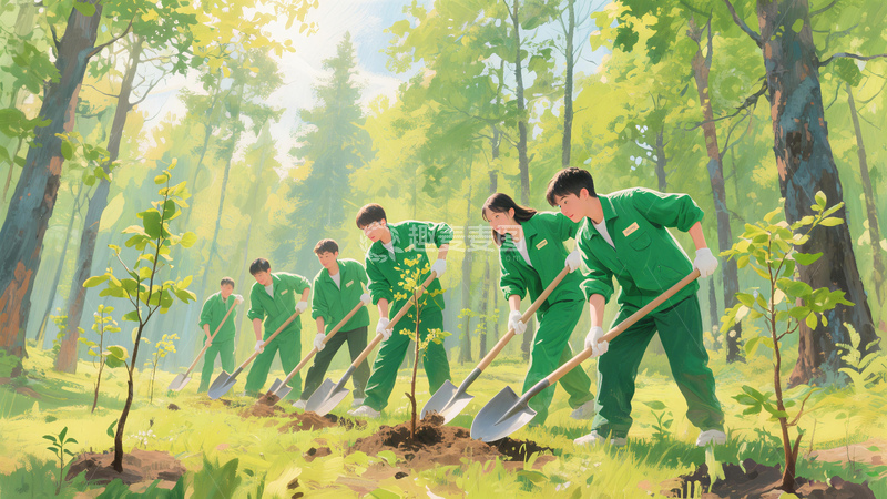 高清大图下载【趣麦麦图】植树造林和谐家园
