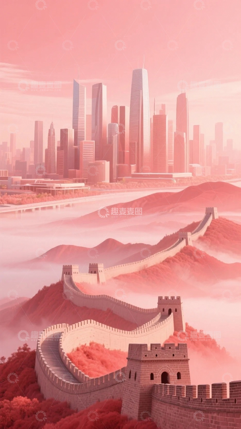 高清大图下载【趣麦麦图】现代城市与长城j结合海报背景5