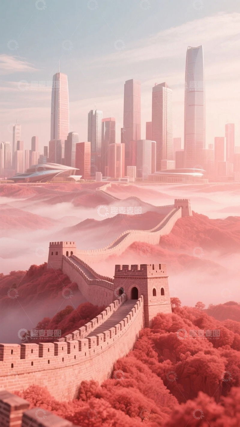 高清大图下载【趣麦麦图】现代城市与长城j结合海报背景8