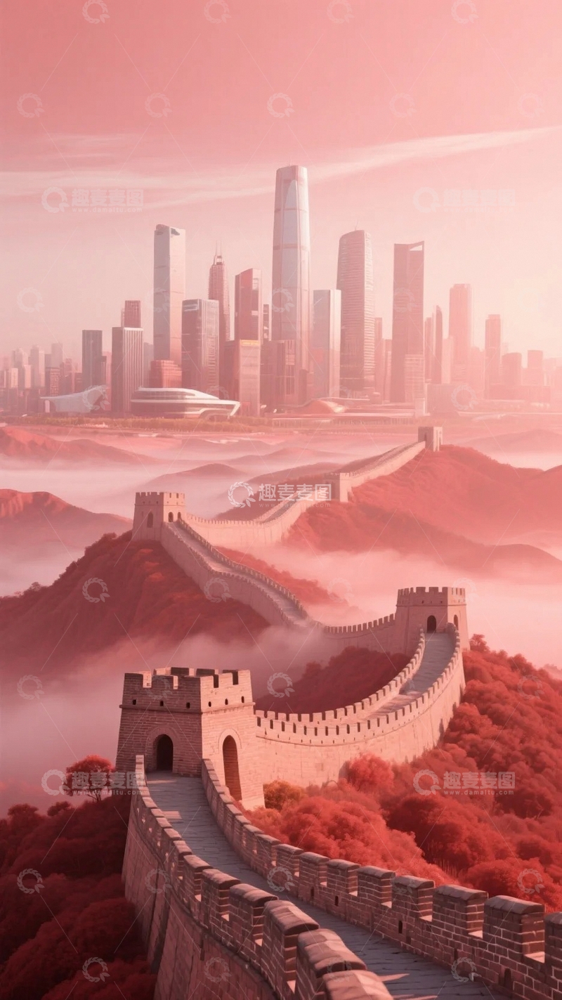 高清大图下载【趣麦麦图】现代城市与长城j结合海报背景4