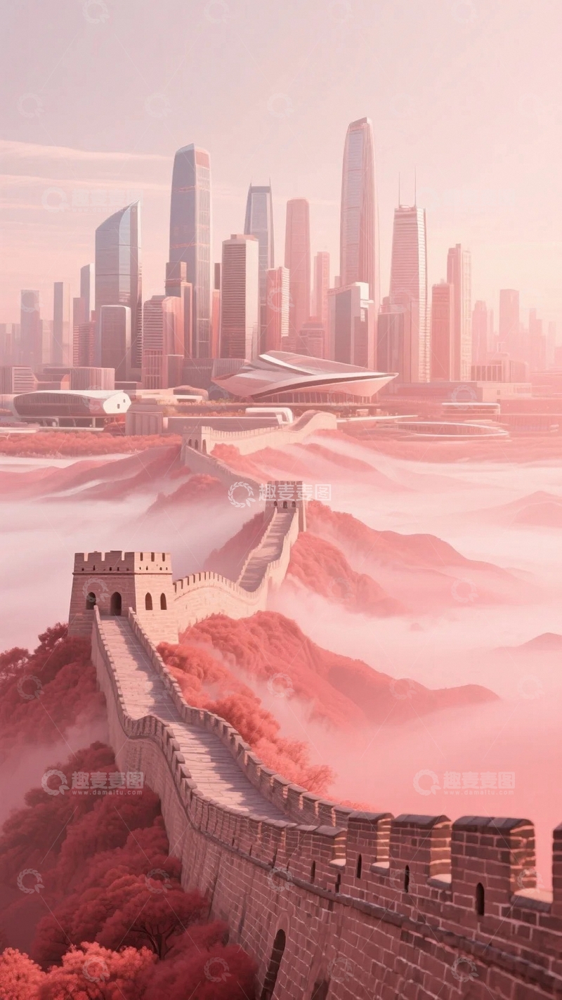 高清大图下载【趣麦麦图】现代城市与长城j结合海报背景