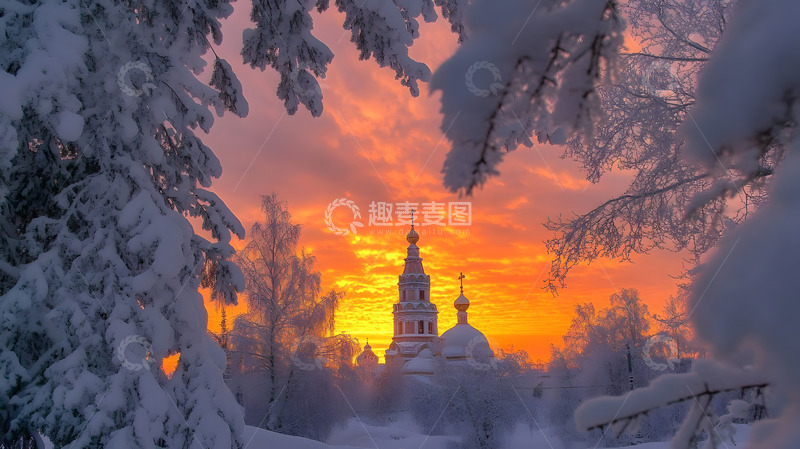 高清大图下载【趣麦麦图】冬季雪林俄罗斯风建筑1
