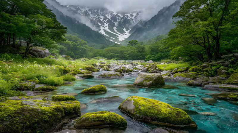 高清大图下载【趣麦麦图】雪山下的溪涧河流1