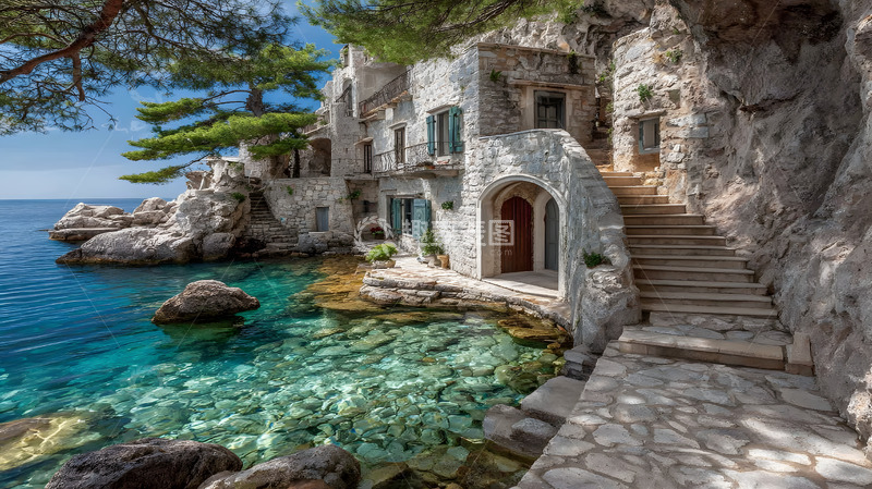 高清大图下载【趣麦麦图】海边的石屋风景1