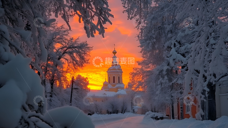 高清大图下载【趣麦麦图】冬季雪林俄罗斯风建筑2