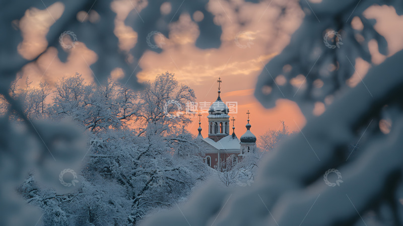 高清大图下载【趣麦麦图】冬季雪林俄罗斯风建筑3