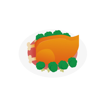 彩绘烧鸡西兰花蔬菜瓷盘餐具食物插画