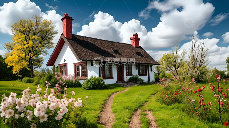 高清大图下载【趣麦麦图】自然美景田园乡村小屋尖顶深色屋顶白墙烟囱